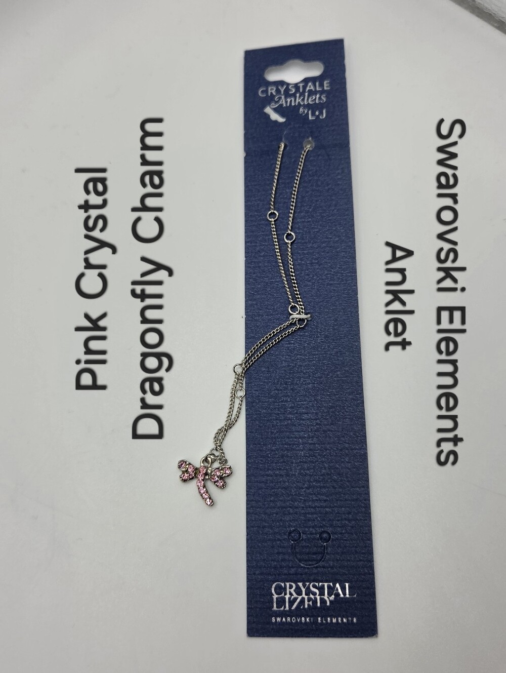 Crystal Anklet Swarovski Elements Pink Dragonfly Charm Silver Tone NWT